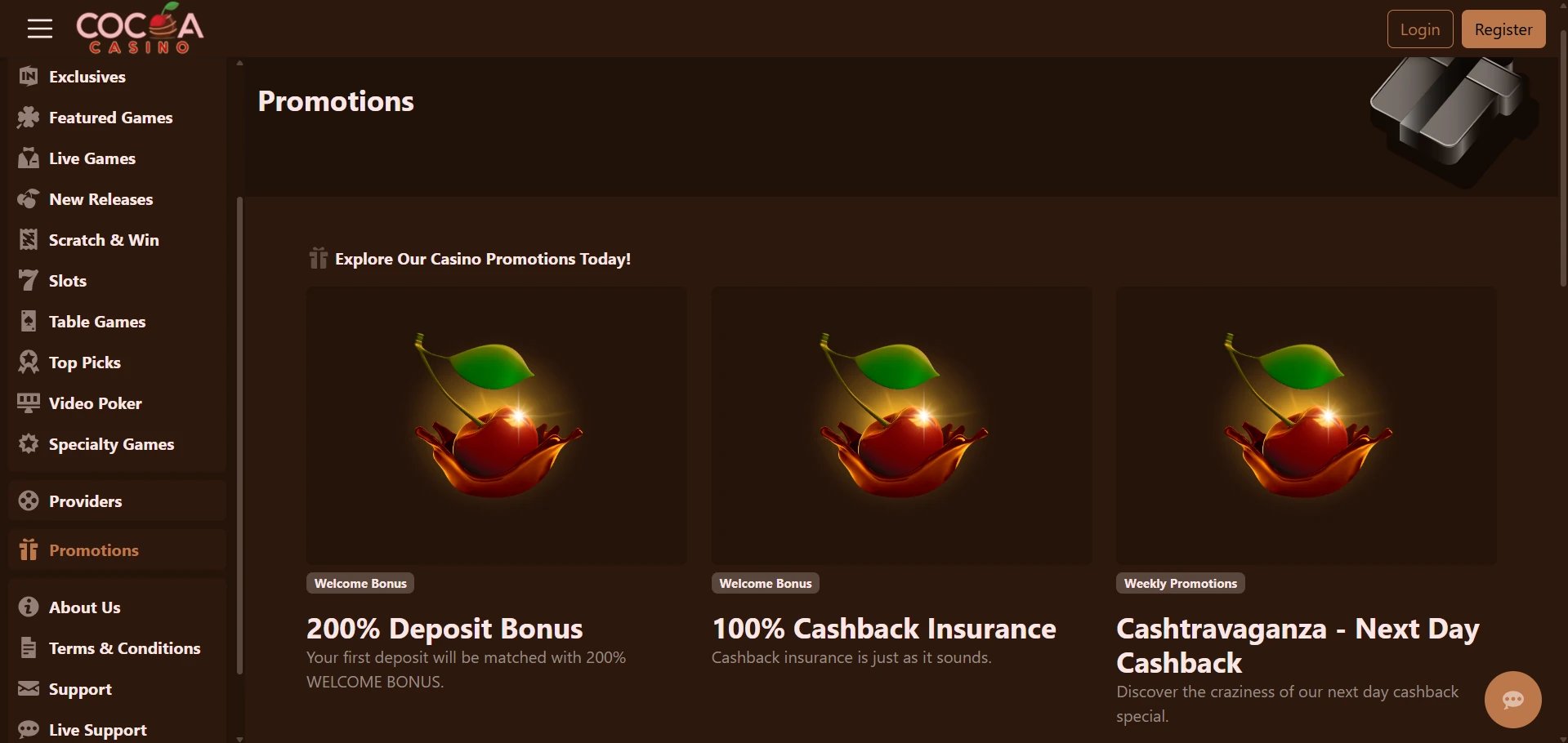 Cocoa promotions page with the welcome offer
