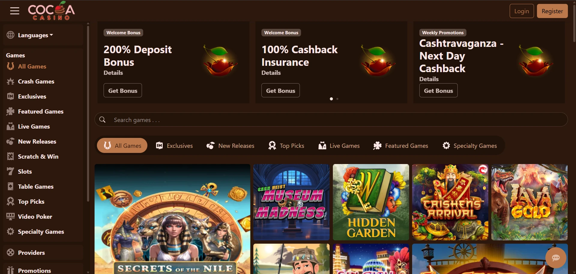Screenshot of the Cocoa Casino home page
