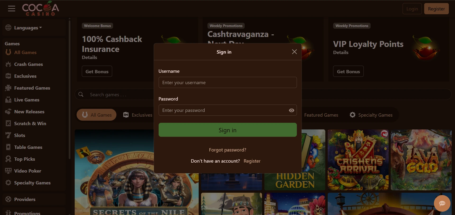 Cocoa login form on the sign in screen